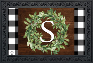 Briarwood Lane Wreath Monogram Letter S doormat with black and white checkered border indoor outdoor floormat.