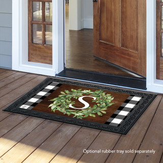 Briarwood Lane monogrammed doormat with black and white checkered border and green wreath letter S.