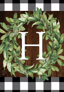 Briarwood Lane monogrammed wreath with greenery and letter H on checkered background, colorful decorative house decor.