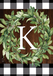 Briarwood Lane monogrammed wreath with greenery and letter K on checkered background for farmhouse decor.