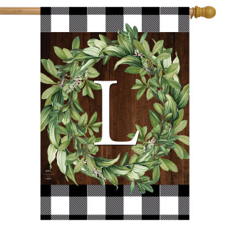 Briarwood Lane Wreath Monogram L flag with greenery on checkered background for farmhouse porch decor.