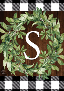 Briarwood Lane monogrammed wreath with greenery on checkered background, colorful decorative seasonal house flag display.