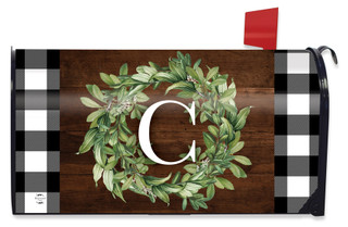 Briarwood Lane standard mailbox cover with monogrammed letter C on greenery wreath and checkered border.