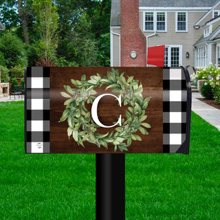 Briarwood Lane Wreath Monogram Letter C Mailbox Cover, standard greenery design on checkered background.