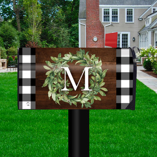 Briarwood Lane Wreath Monogram Letter M standard mailbox cover with greenery and checkered border.