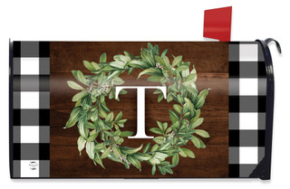 Briarwood Lane standard wreath monogrammed letter T mailbox cover with greenery and checkered plaid design.