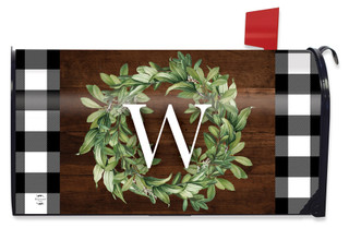 Briarwood Lane Wreath Monogram Letter W Mailbox Cover with checkered plaid and greenery design.