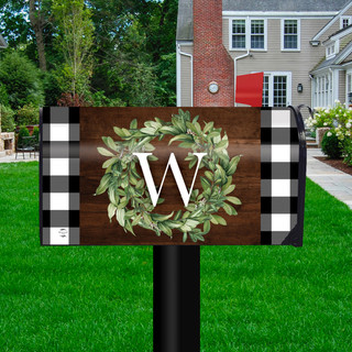Briarwood Lane Wreath Monogram Letter W Mailbox Cover with greenery and checkered border on porch.