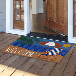 Briarwood Lane Welcome Beach Natural Fiber Coir summer doormat on porch with colorful nautical design.