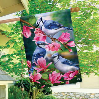 Briarwood Lane Blue Jay Trio spring house flag with colorful floral birds on pink magnolias.