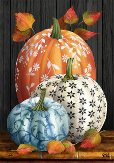 Briarwood Lane Elegant Pumpkins Garden Flag with orange, white, and blue painted decorative pumpkins design.