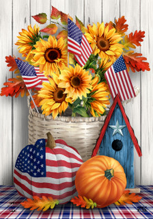 Briarwood Lane Americana Autumn Garden Flag with sunflowers, pumpkins, and patriotic decor on plaid background.