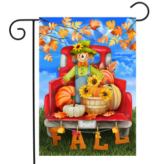 Briarwood Lane Fall Bounty Pickup Garden Flag with scarecrow, pumpkins, and sunflowers on red truck.