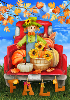 Briarwood Lane Fall Bounty Pickup Garden Flag with scarecrow, pumpkins, and sunflowers on red truck.