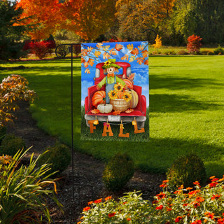 Briarwood Lane Fall Bounty Pickup Garden Flag with scarecrow, pumpkins, and sunflowers on red truck.