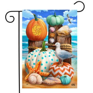 Briarwood Lane Seaside Fall Garden Flag with beach-themed pumpkins seashells and seagull design.