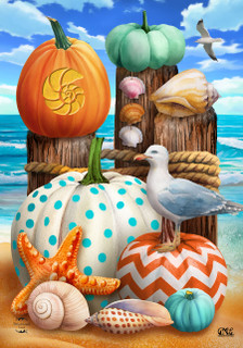 Briarwood Lane Seaside Fall Garden Flag with beach-themed pumpkins and seashells on sandy beach scene.