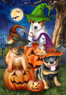 Briarwood Lane Spooky Pups Garden Flag with Halloween dogs and pumpkins on green grass outdoors.