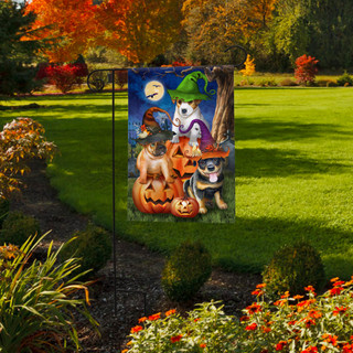 Briarwood Lane Spooky Pups Garden Flag with Halloween dogs and pumpkins design.