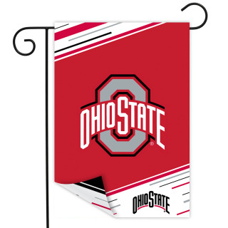 Ohio State University NCAA licensed double-sided garden flag by Briarwood Lane, red and white colors.