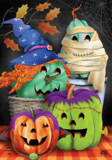 Briarwood Lane Costumed Pumpkins Garden Flag with colorful Halloween pumpkin characters in various costumes displayed.