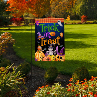 Briarwood Lane Trick Or Treat Party Double Sided Garden Flag with orange and black Halloween design.