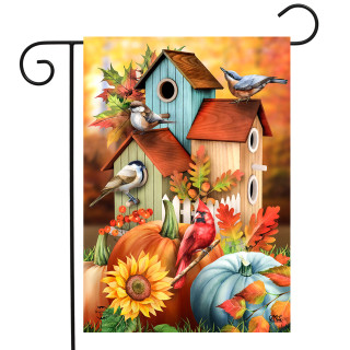 Briarwood Lane Fall Floral Birdhouses Garden Flag with colorful birds, pumpkins, and sunflowers on autumn background.
