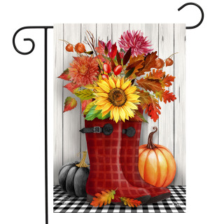 Briarwood Lane Fall Boots Garden Flag with red boots, sunflowers, pumpkins, and autumn leaves.