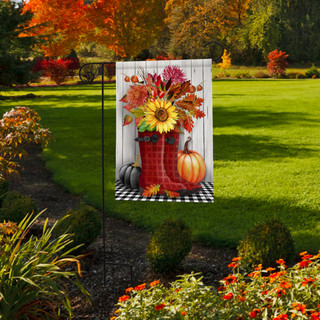 Briarwood Lane Fall Boots Garden Flag with colorful flowers and pumpkins on a white background.