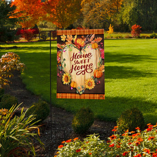 Briarwood Lane Fall Home Sweet Home double sided garden flag with autumn floral design and pumpkins.