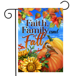 Briarwood Lane Faith Family and Fall double-sided garden flag with pumpkin, flowers, and bird design.