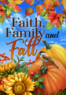 Briarwood Lane double sided garden flag with Faith Family and Fall design and autumn scenery.