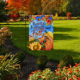 Briarwood Lane Faith Family and Fall double sided garden flag with pumpkin and sunflower design.