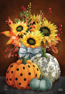 Briarwood Lane Patterned Pumpkins And Sunflowers Garden Flag with vibrant orange and white pumpkin designs.