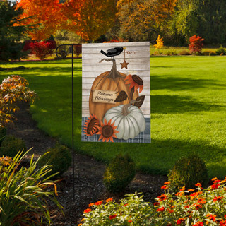 Briarwood Lane Rustic Autumn Blessings garden flag with pumpkins and sunflowers on a lawn display.