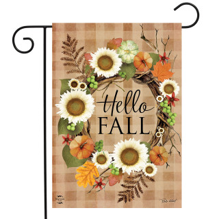 Briarwood Lane Hello Fall Wreath Double-Sided Garden Flag with sunflowers, leaves, and fall decorations.