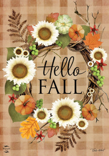 Briarwood Lane Hello Fall Wreath with sunflowers, leaves, and pumpkins on garden flag design.
