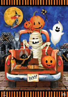 Briarwood Lane Haunted Pickup Garden Flag with Halloween themed mummy, pumpkins, cats, and ghost.
