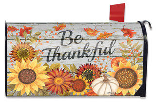 Briarwood Lane Be Thankful Flowers Mailbox Cover with sunflowers, pumpkins, and fall leaves design.