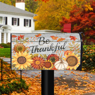 Briarwood Lane Be Thankful Flowers Mailbox Cover with sunflowers, pumpkins, and fall leaves design.