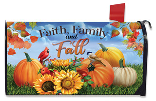 Briarwood Lane Faith Family And Fall Mailbox Cover with pumpkins, sunflowers, and cardinals on grass.