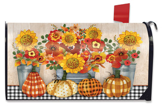 Briarwood Lane Autumn Bouquet Mailbox Cover with sunflowers, pumpkins, and fall flowers on wood background.