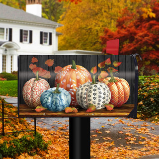 Briarwood Lane Elegant Pumpkins oversized mailbox cover with colorful pumpkins and autumn leaves design.