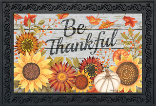 Briarwood Lane Be Thankful Flowers Doormat with sunflowers, pumpkins, and fall leaves design.