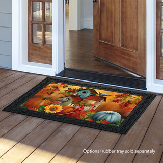 Briarwood Lane Fall Floral Birdhouses doormat on a wooden porch with autumn leaves design.