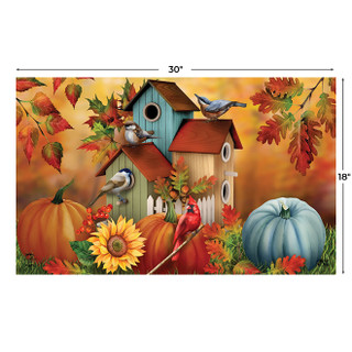 Briarwood Lane Fall Floral Birdhouses Doormat, 30x18 inches, colorful autumn scene with pumpkins and birds.