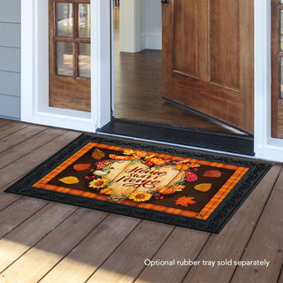 Briarwood Lane Fall Home Sweet Home doormat on wooden porch with autumn leaves and orange border.