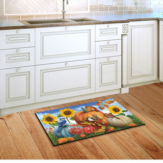 Briarwood Lane Fall Pumpkin Gathering Doormat with sunflowers and pumpkins on a kitchen floor.