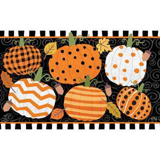 Briarwood Lane Fall Celebration Pumpkins Doormat with orange, white, and black pumpkins on black background.