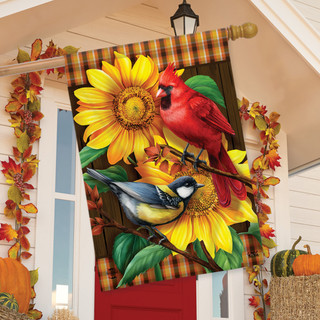Briarwood Lane Fall Birds And Sunflowers House Flag with cardinals and blue bird on sunflowers.